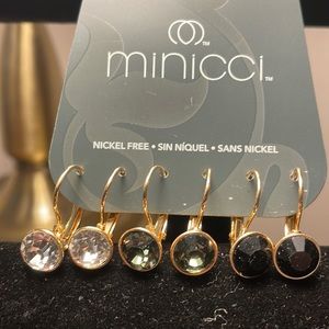 Set of 3 pair of earrings. White, grey, black rhinestones. Look great.